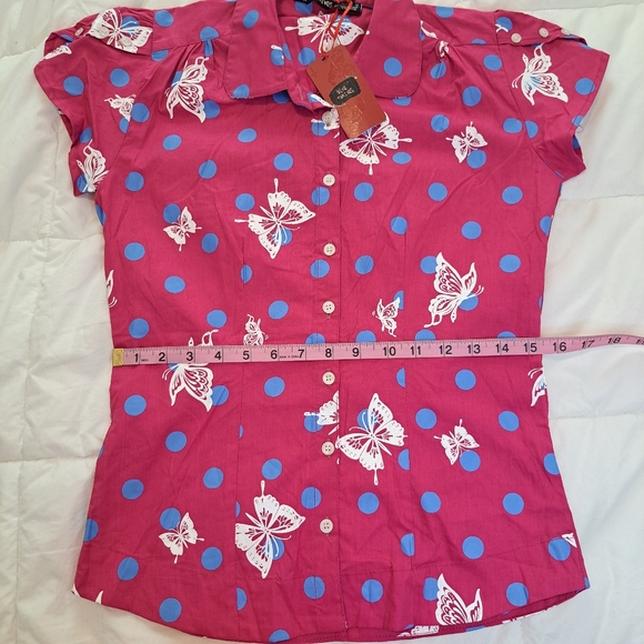 Dead Threads Womens M Shirt Pink Blue Polka Dots Butterfly Girly Button Down - Picture 5 of 11